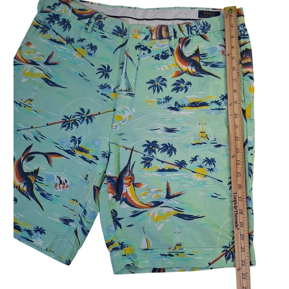 Polo Ralph Lauren Classic Fit Shorts Mens 40 Linen Blend Fishing Tropical Green
